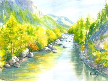 L’Ubaye en automne (Alpes de Haute Provence) – Aquarelle sur papier 640 g – 76 cm x 57 cm – Hautes Alpes – PACA – France