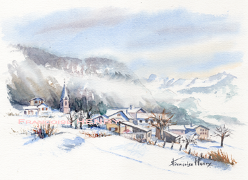 N.D. du Laus sous la neige – Aquarelle sur papier – 20 cm x 30 cm – Htes Alpes – PACA – France
